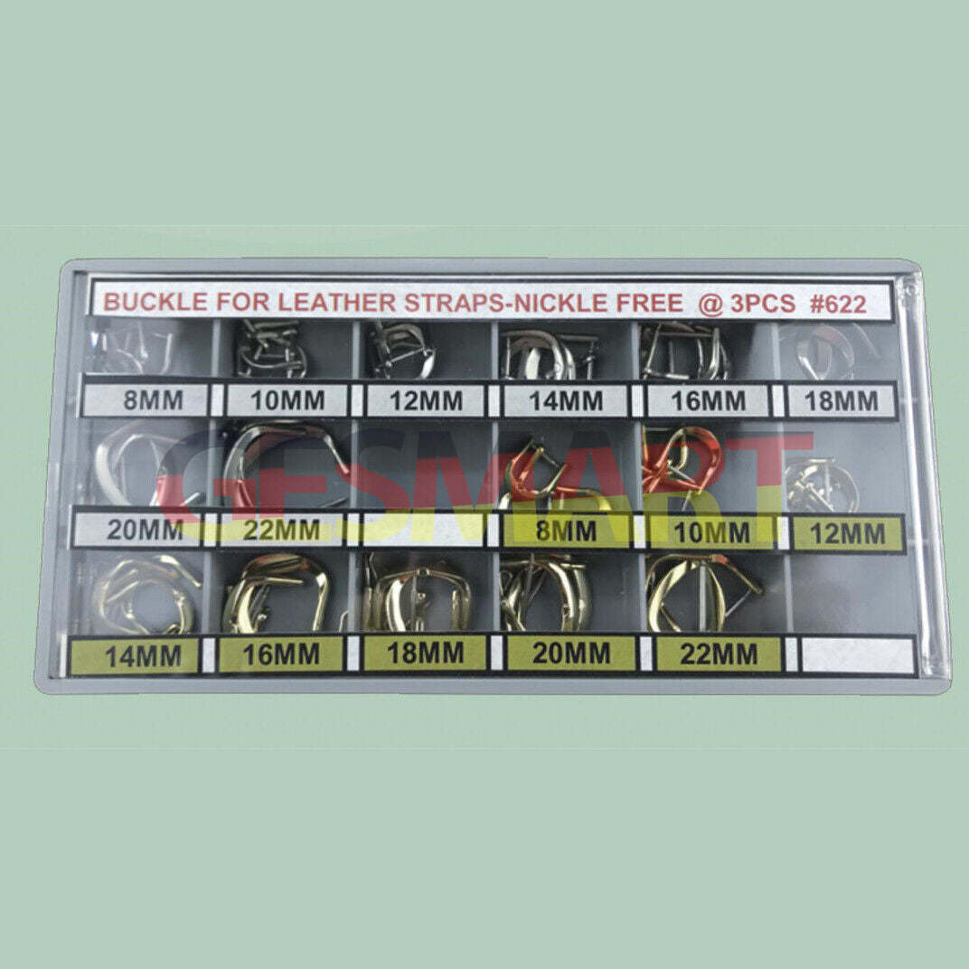 Gold and silver nickel-free watch buckles for leather straps, 8 sizes, 48pcs set.