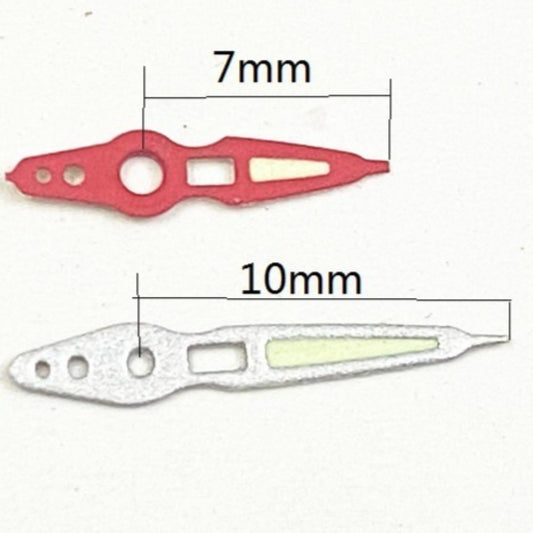 Matted silver watch hands with red trim, compatible with Ronda 763, 762, 751, 1062, 1063 movements, ideal for precise timekeeping.