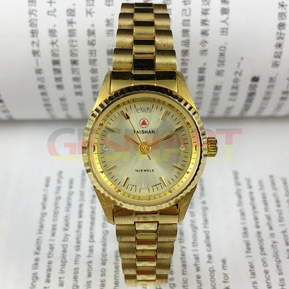 27mm Lady manual mechanical watch, golden dial with 19 jewels and nail markers.