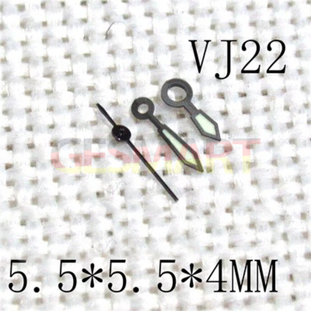 Black trim green luminous watch hands, 5.5x5.5x4mm, compatible with Epson VJ22 movement, ideal watch accessory.