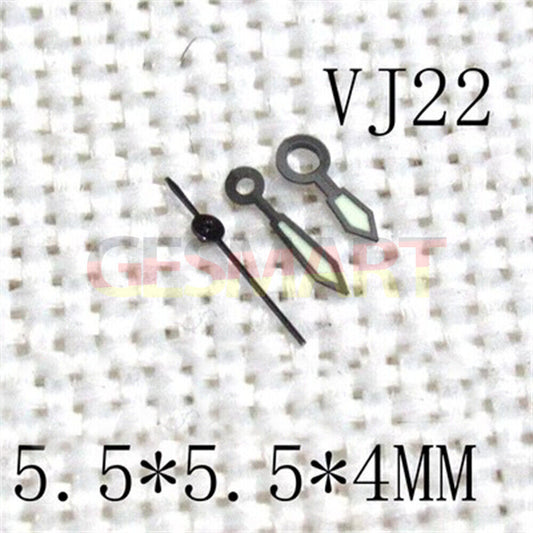 Black trim green luminous watch hands, 5.5x5.5x4mm, compatible with Epson VJ22 movement, ideal watch accessory.