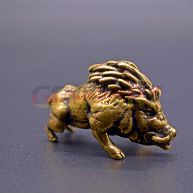 Solid copper Little Wild Boar trinket, vintage hand-carved bronze figurine for rustic decor.