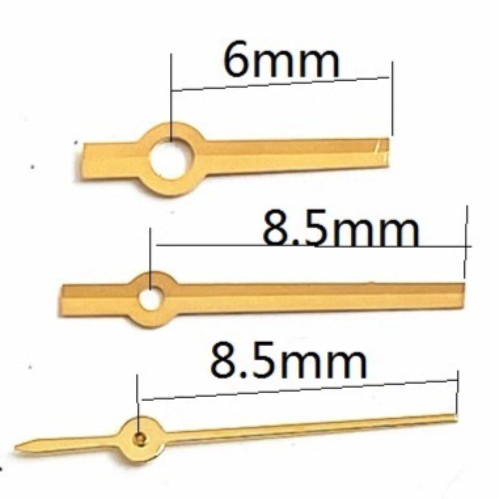 Golden watch hands for Ronda 785 movement, 8.5x8.5x6mm, precision parts for watch repair.