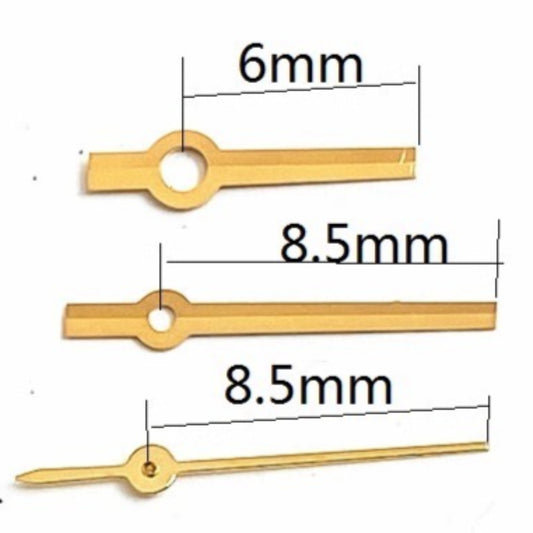 Golden watch hands for Ronda 785 movement, 8.5x8.5x6mm, precision parts for watch repair.