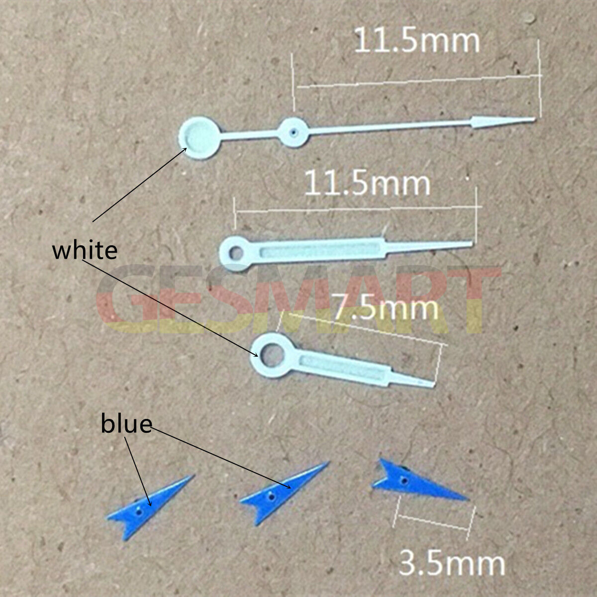 White pointed 11.5mm watch hands with blue second hand for Miyota OS10 OS20 OS60 OS80 models, White Pointed brand.