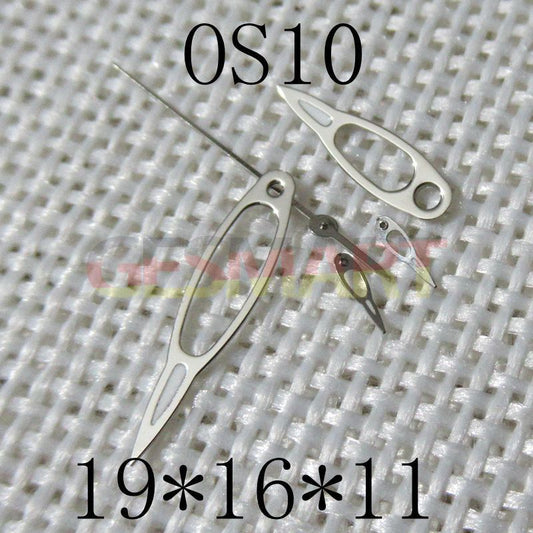 Hollow silver watch hands with green lume for Miyota OS10 movement, precise timing detail.