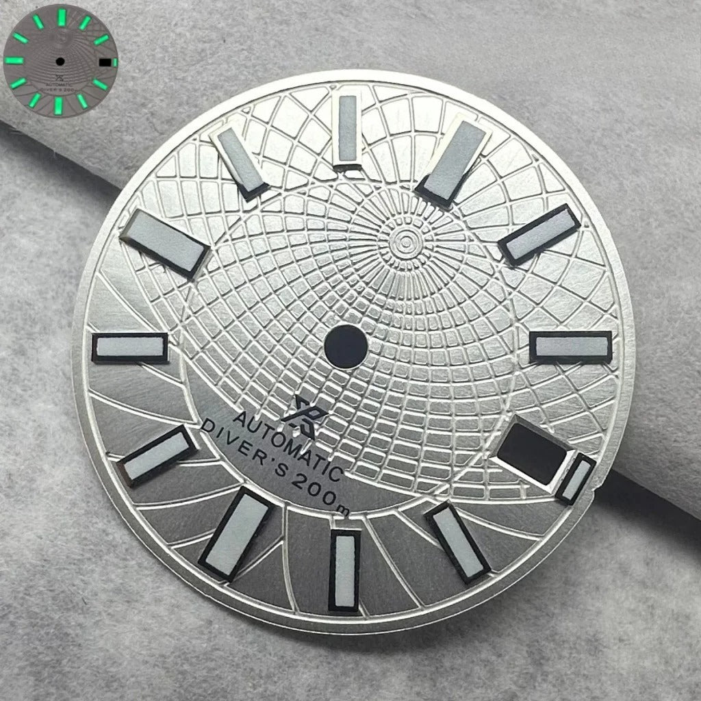 28.5Mm Silver Watch Dial Green Lume Fit For NH35 NH36 Movement Divers 200M