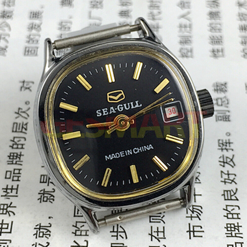 Seagull 26mm black square ladies watch with manual movement and calendar display, elegant accessory.