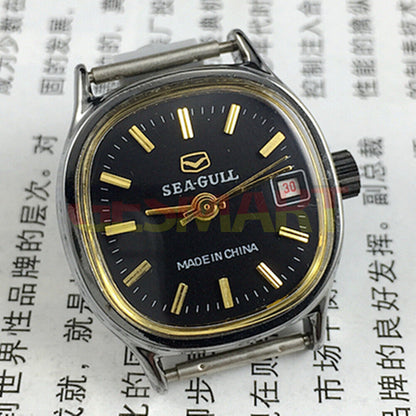 Seagull 26mm black square ladies watch with manual movement and calendar display, elegant accessory.