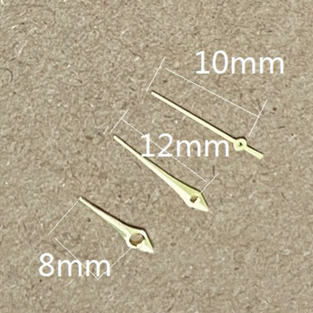 Golden arrow-shaped watch hands for Miyota 2035 quartz, 12x10x8mm, precise timekeeping accessory.