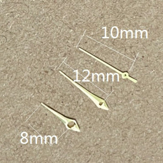Golden arrow-shaped watch hands for Miyota 2035 quartz, 12x10x8mm, precise timekeeping accessory.