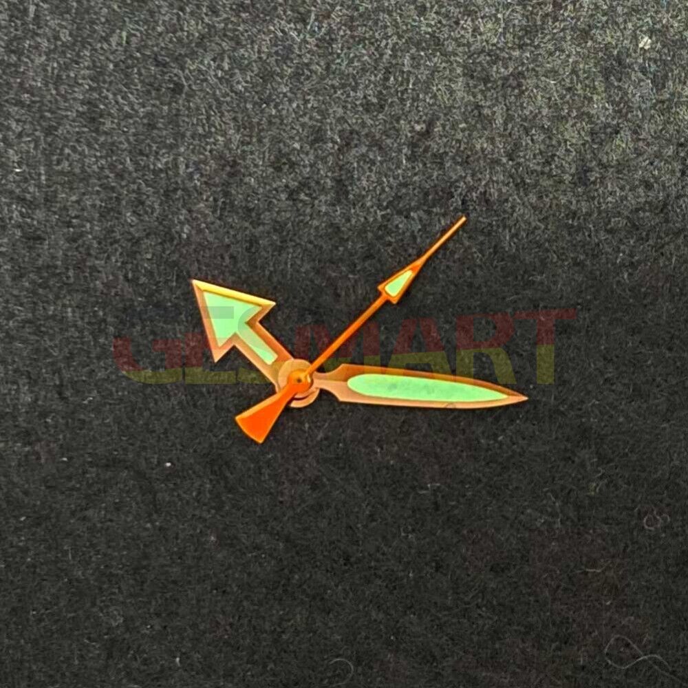 Green luminous golden trim watch hands for NH35/NH36/4R36 SK007 movement, precise time display.