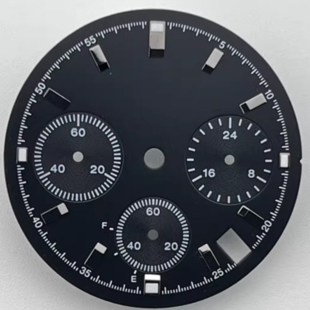 Green lume 29.5mm black watch dial, no logo, fits VK63 movement, ideal for precision timepieces.