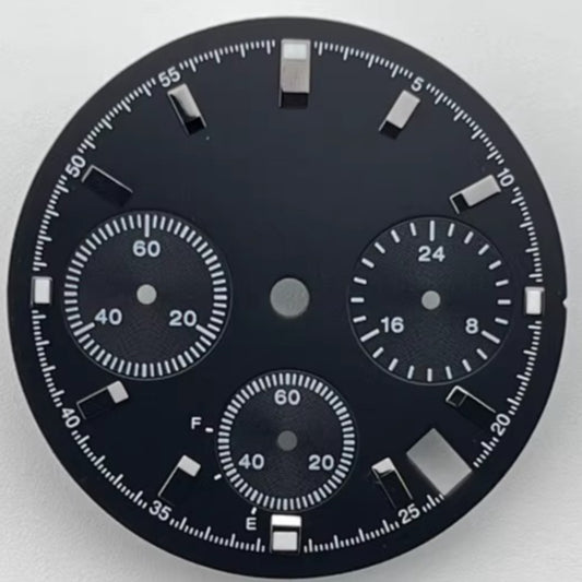 Green lume 29.5mm black watch dial, no logo, fits VK63 movement, ideal for precision timepieces.