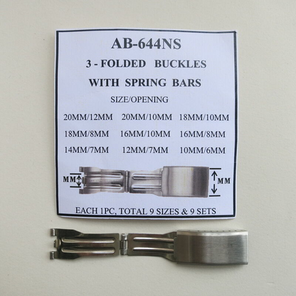 Trifolded watch buckle 10mm-20mm with spring bar for secure bracelet repair by 644NS.