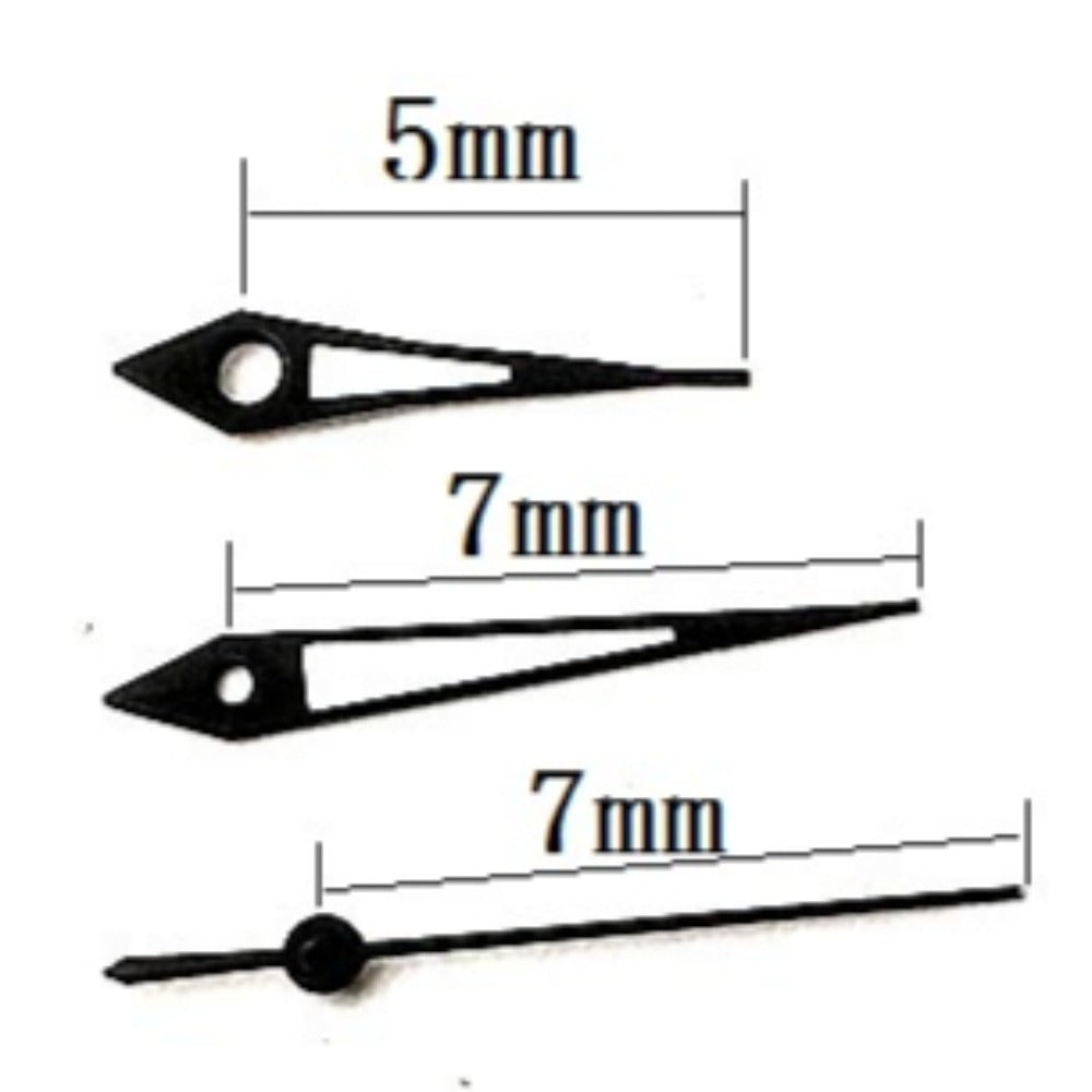 Black trim arrow-shaped green lume watch hands for Miyota 2035 quartz movement, precise time indication.