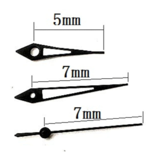 Black trim arrow-shaped green lume watch hands for Miyota 2035 quartz movement, precise time indication.