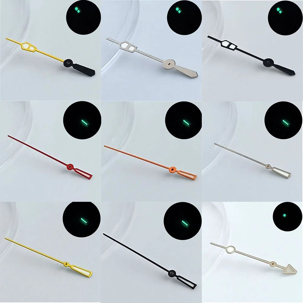 Green luminous watch hands for NH34, NH35, NH36 movements, personalized second hand.