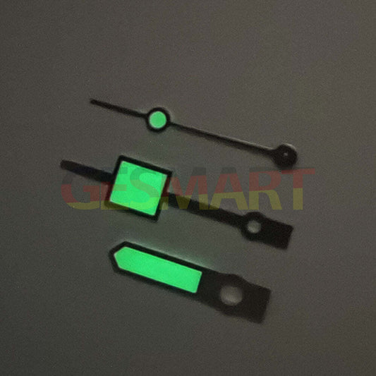 Green luminous geometric square watch hands with silver trim, compatible with NH35/NH36/4R/7S movements,.