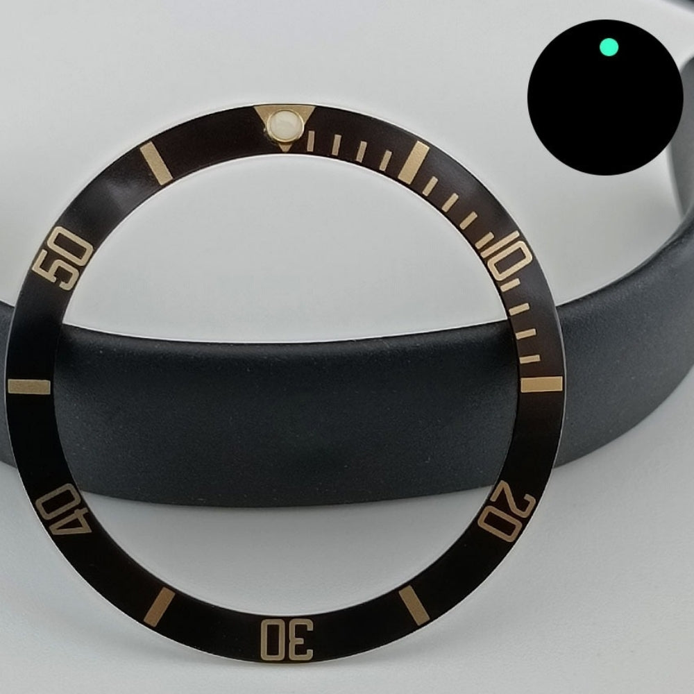37.5mm green lume aluminum SUB watch bezel with golden font, luxury replacement part for timepieces.