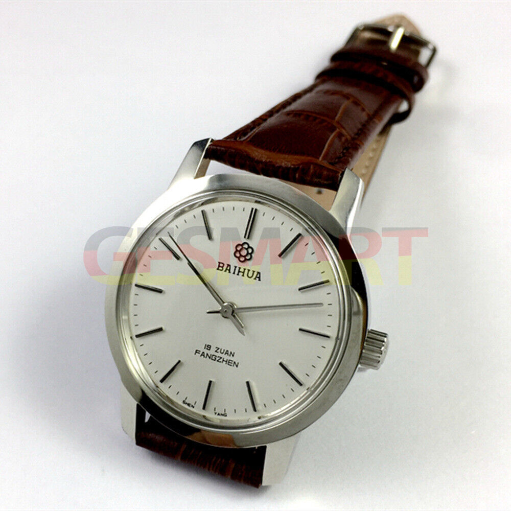 China Baihua 37mm silver manual mechanical watch with 19 jewels and shock-resistant design for durable wear.