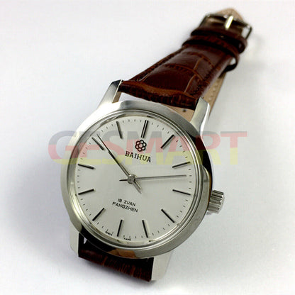 China Baihua 37mm silver manual mechanical watch with 19 jewels and shock-resistant design for durable wear.