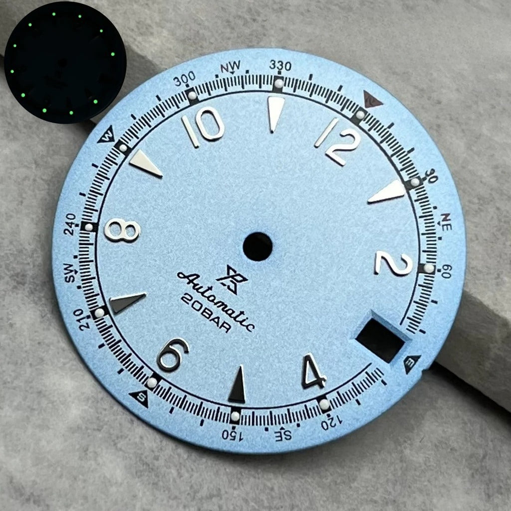 28.5Mm Light Blue Watch Dial For NH35 NH36 Movement Green Lume Silver Nail