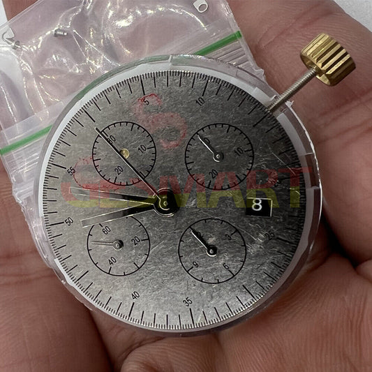 Asian 7750 chronograph movement with black dial, single calendar, and second subdial at 9 o?clock, ETA style