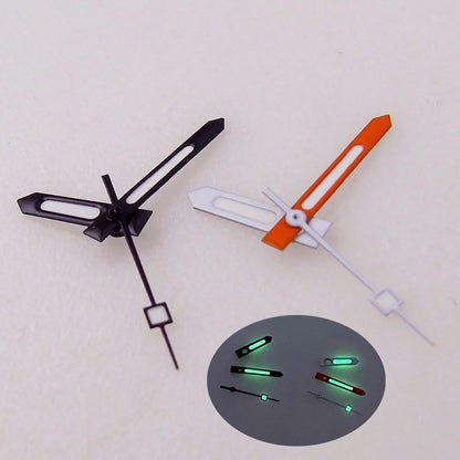 Black edge orange watch hand with green luminous fill, compatible with NH35/NH36/NH37/NH38/NH70/NH72 and ETA2824 movements, ideal for diver watches.