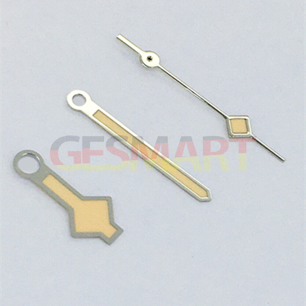 Silver-trimmed yellow lume watch hands for Asian 8215/2813/8205 movement, precise replacement.
