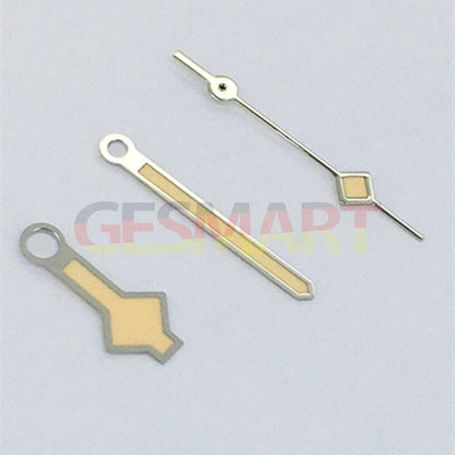 Silver-trimmed yellow lume watch hands for Asian 8215/2813/8205 movement, precise replacement.