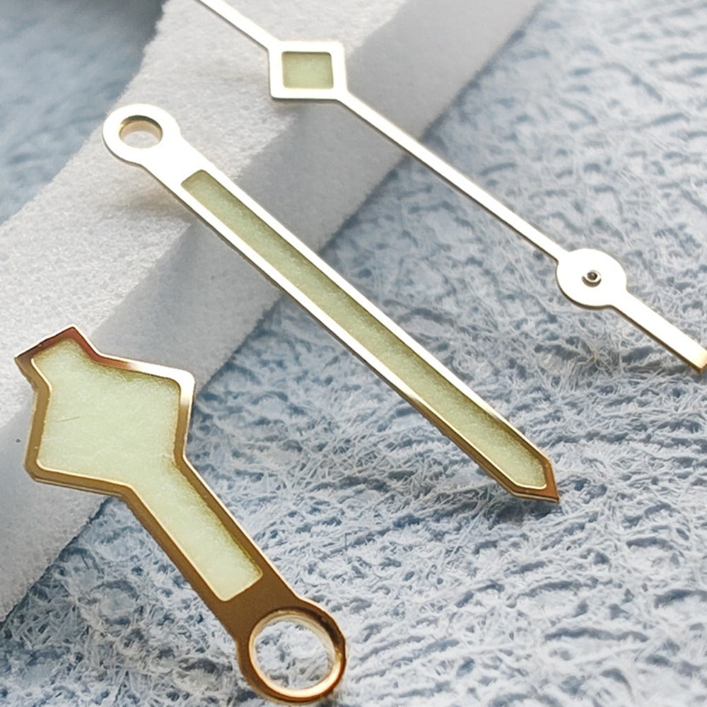 Golden Trim C3 Green Lume watch hands, designed for NH34 NH35 series with enhanced visibility and style.