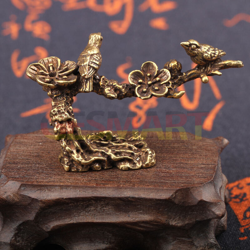 Solid copper blooming flowers trinket with hand-carved bronze magpie figurine.