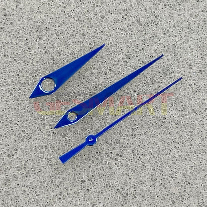 Blue-green luminous pointed watch hands for NH35/NH36/4R/7S movements, polished finish, Seiko-compatible.