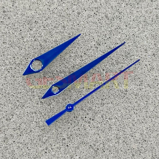 Blue-green luminous pointed watch hands for NH35/NH36/4R/7S movements, polished finish, Seiko-compatible.