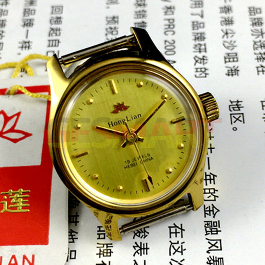 HONGLIAN 25mm manual mechanical lady watch with golden nail markers and round golden case, 19 jewels.