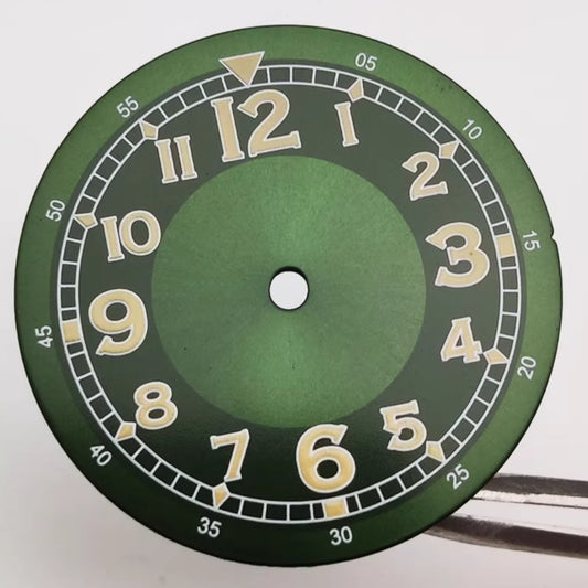 30mm olive green watch dial with numerals, compatible with NH35 NH36 8215 2813 movements, no lume.