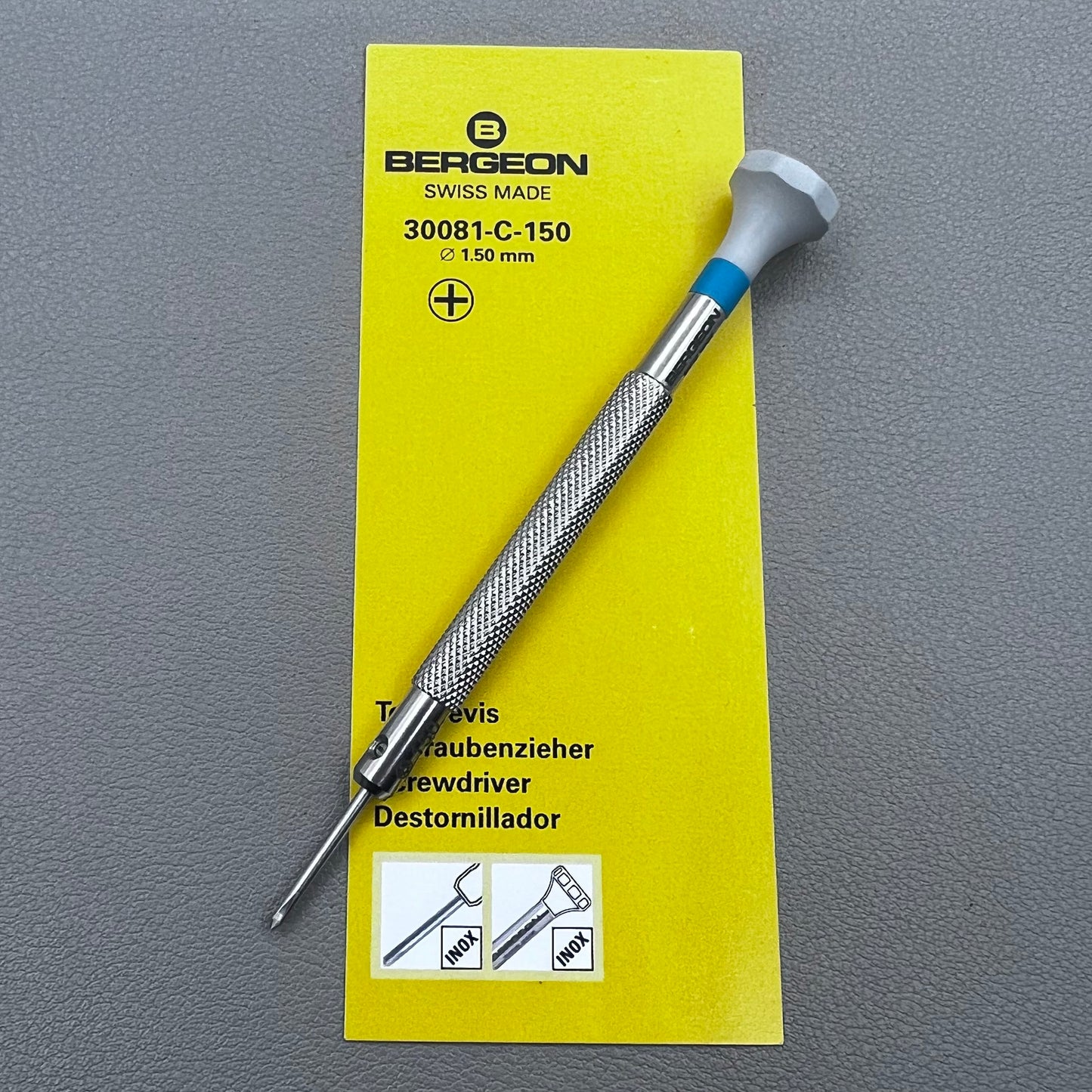 Swiss Bergeon 30081-C-150 ergonomic 1.50mm Phillips screwdriver for precise watch accessory repairs.