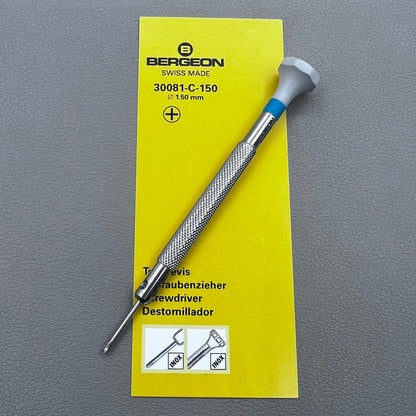 Swiss Bergeon 30081-C-150 ergonomic 1.50mm Phillips screwdriver for precise watch accessory repairs.
