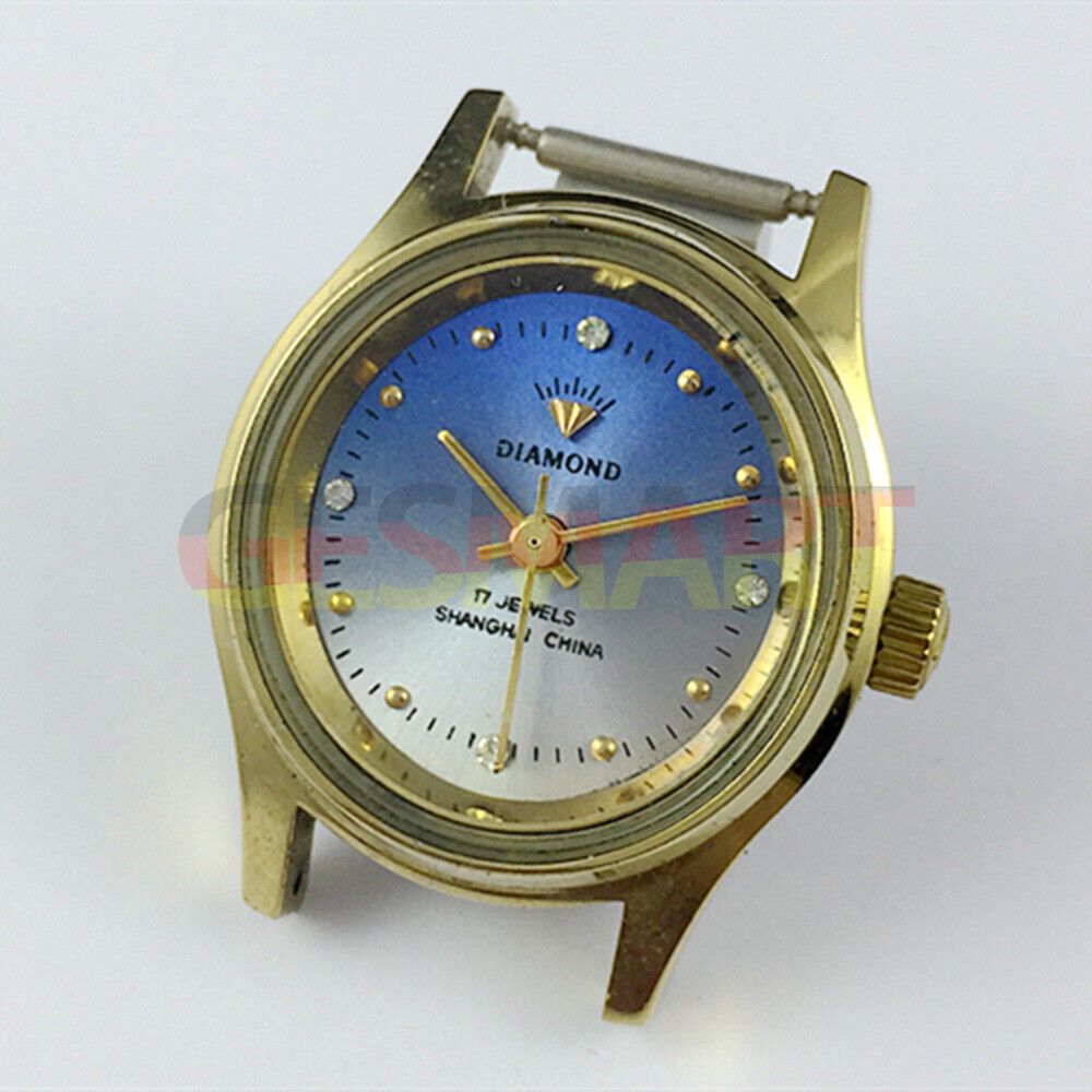 SHANGHAI DIAMOND 25mm oval manual mechanical lady watch with blue dial and 17 jewels for elegant style