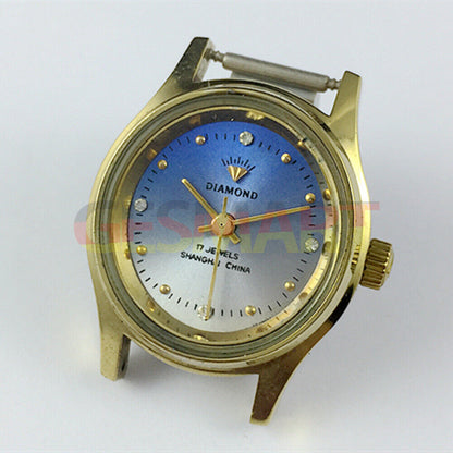 SHANGHAI DIAMOND 25mm oval manual mechanical lady watch with blue dial and 17 jewels for elegant style