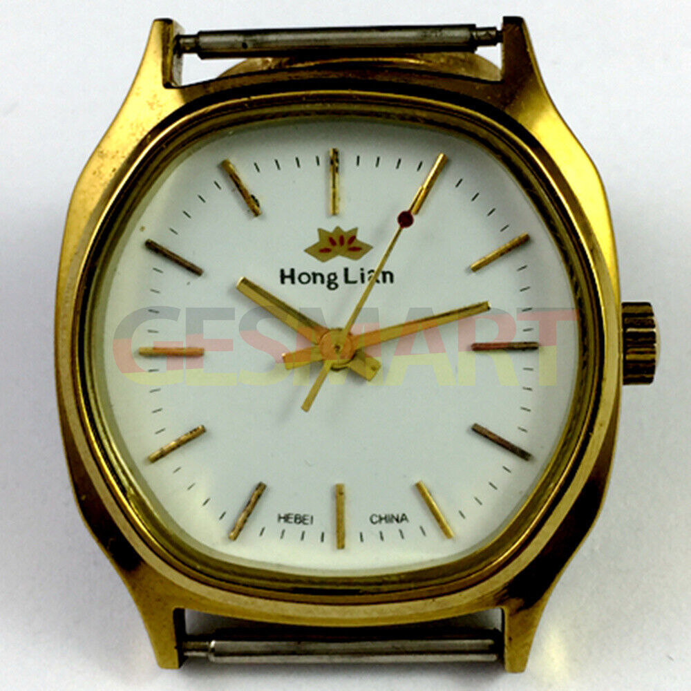 HONGLIAN 34mm manual mechanical watch with golden nail markers, square case, and 17 jewels movement.