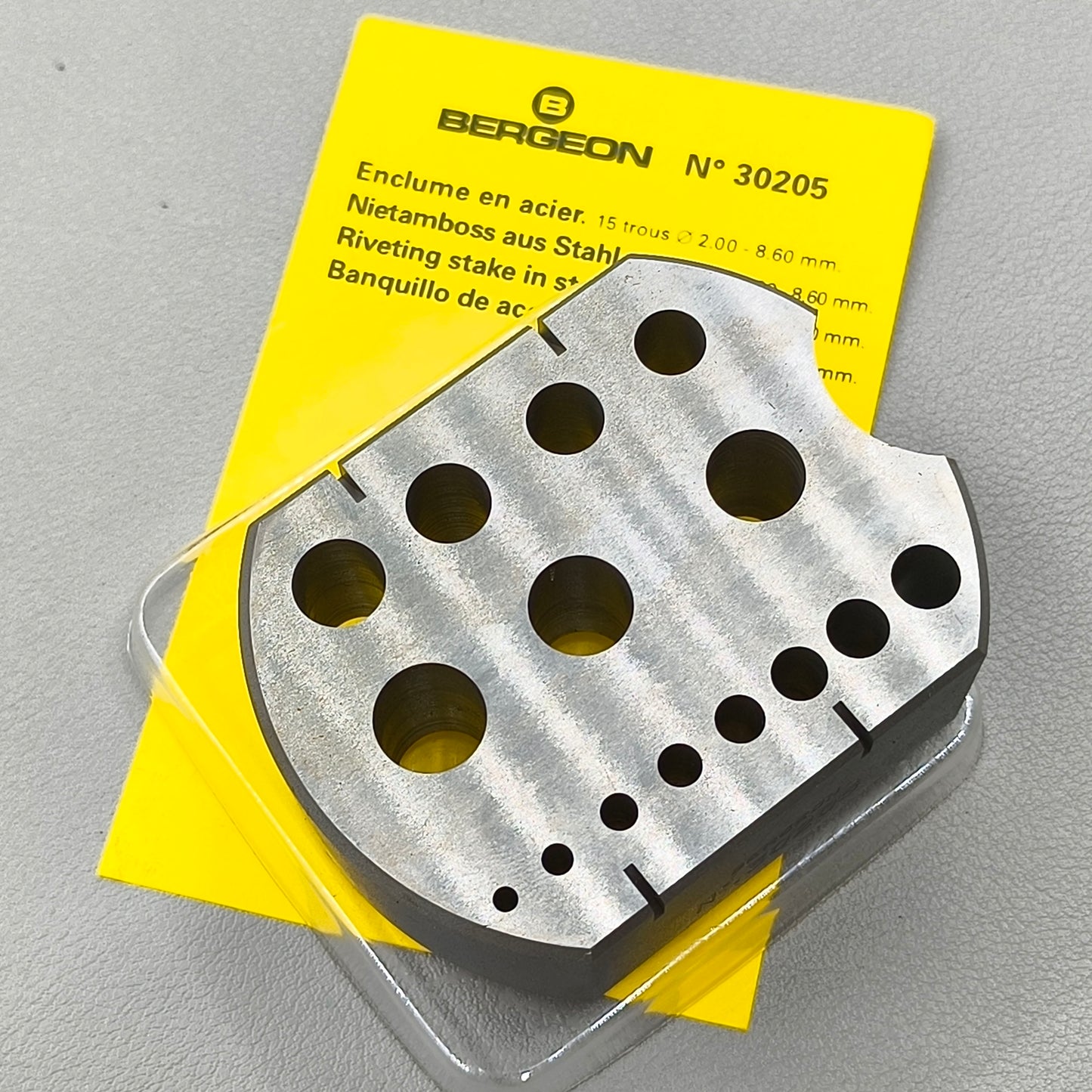 Swiss Bergeon 30205 Riveting Stakes in Hardened Steel 15 holes ∅ 2.00 - 8.60 mm