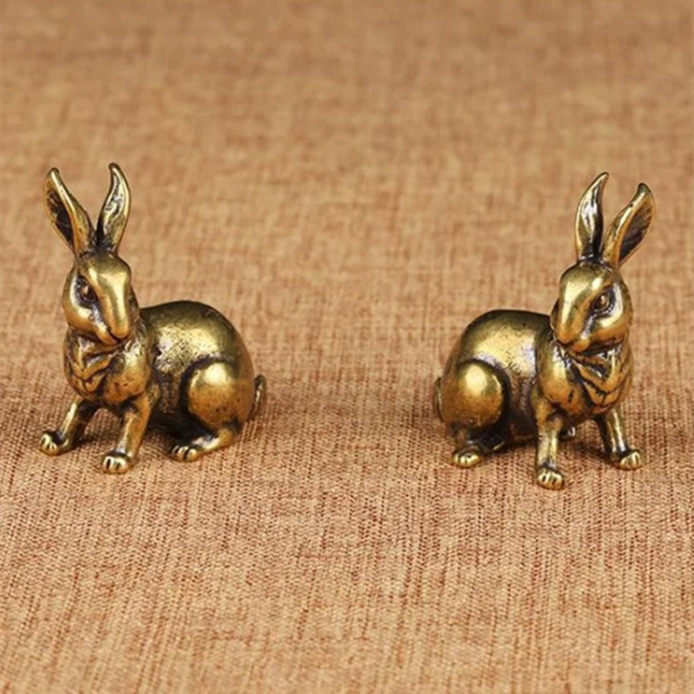 Set of 2 vintage solid copper rabbit figurines, hand-carved bronze trinkets for decor - unique collectibles.