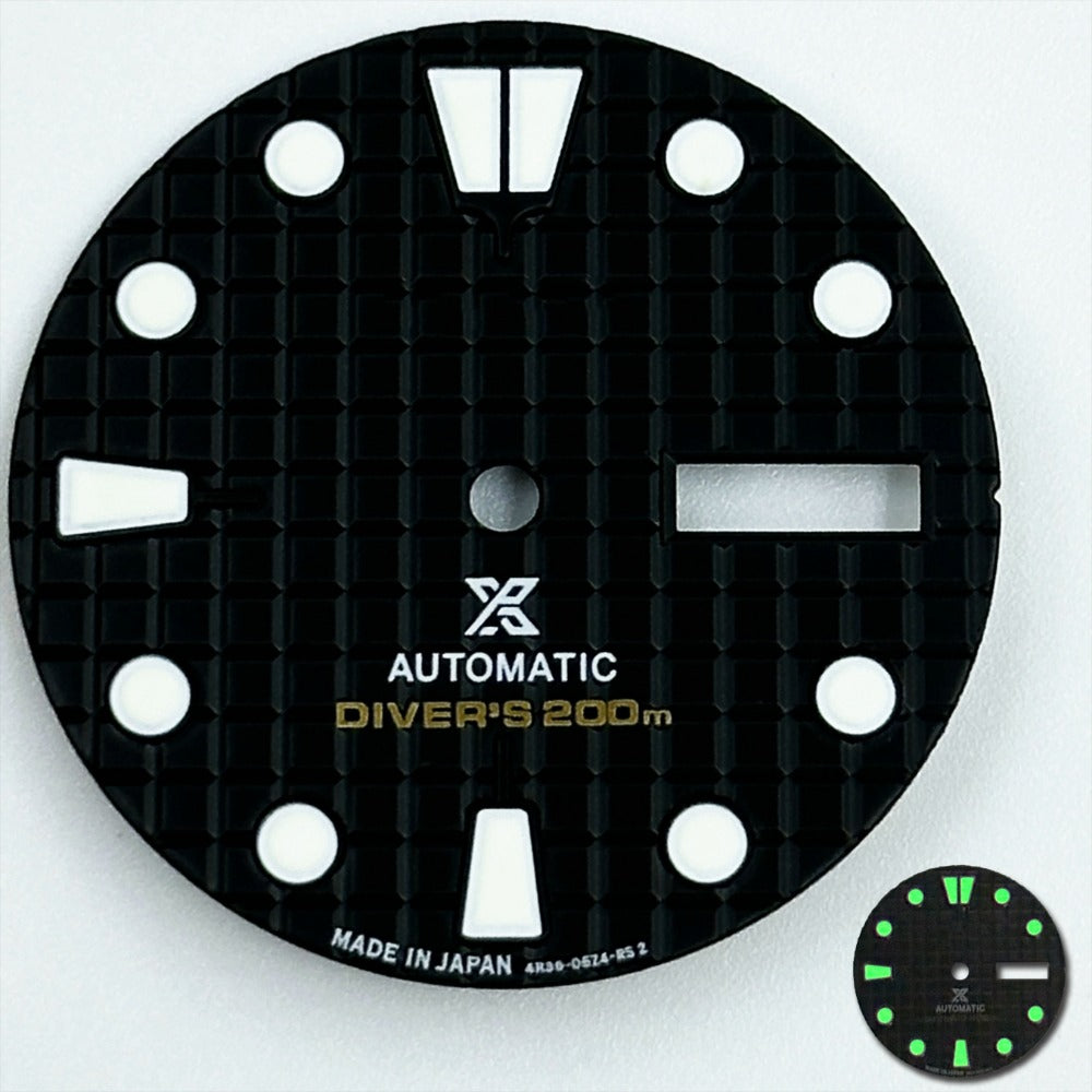 Black 28.5mm waffle-pattern diving watch dial with green luminous markers, compatible with NH36 movement, brand XYZ.