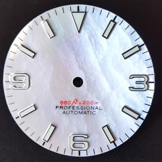Silver Wave 28.5mm Blue Lume Seashell Vein dial for NH35 watch movement, elegant design.