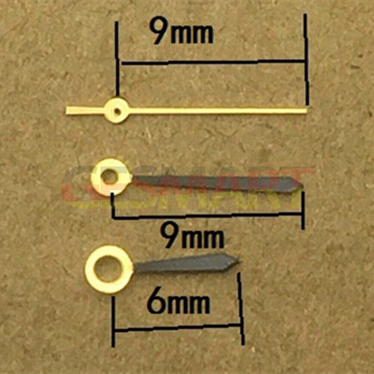 Black polished golden pointed watch hands for Ronda 763 quartz movement, stylish and precise replacement.