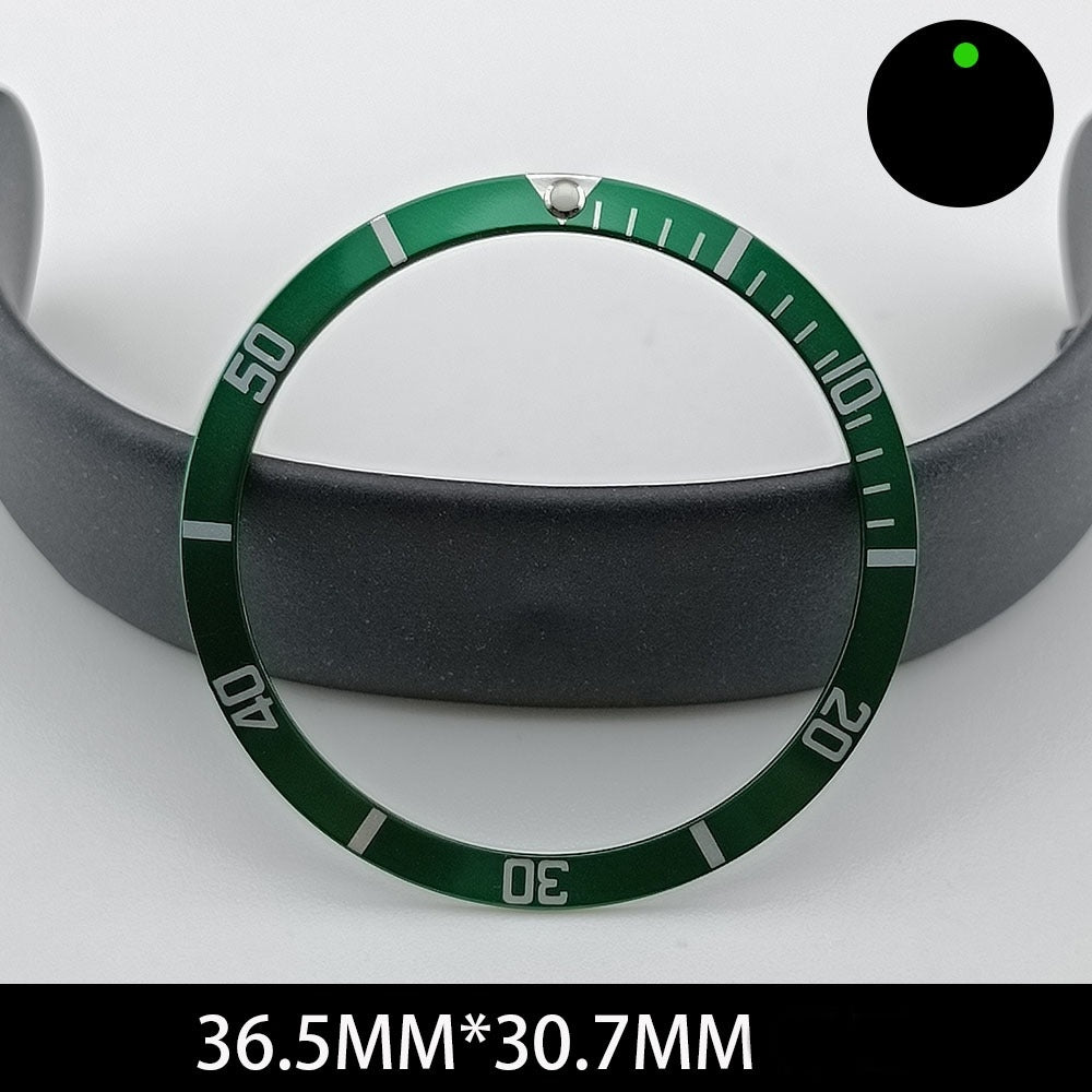 Green lume aluminum watch bezel with white font, 36.5/30.7mm slope, ideal for precision watch repair and customization.