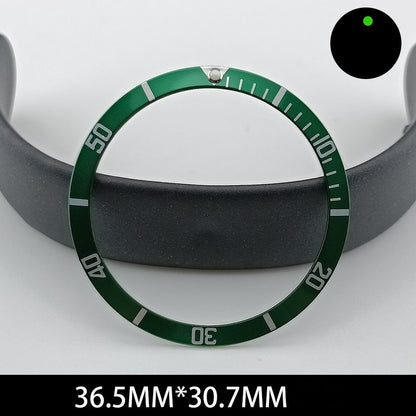 Green lume aluminum watch bezel with white font, 36.5/30.7mm slope, ideal for precision watch repair and customization.