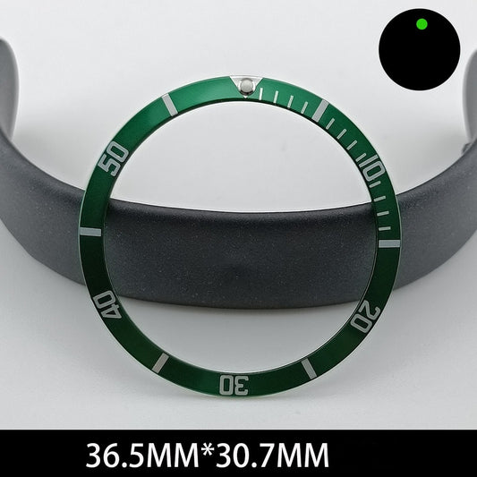 Green lume aluminum watch bezel with white font, 36.5/30.7mm slope, ideal for precision watch repair and customization.